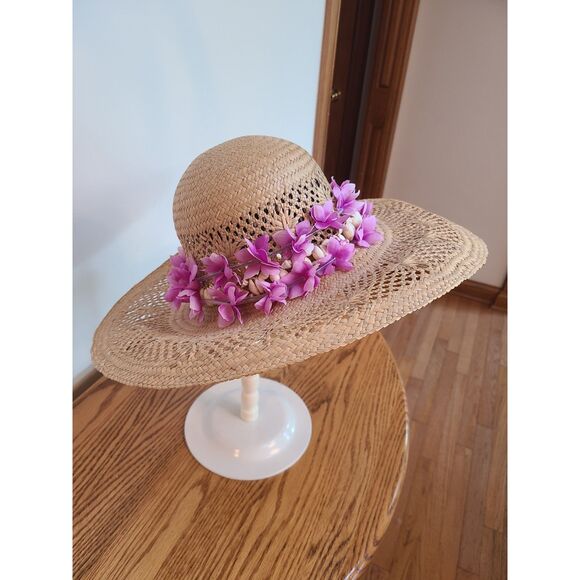 Vintage Raffia Straw Sun Hat Open Cane Weave Round Crown Wide Brim Shell Band - Picture 3 of 10
